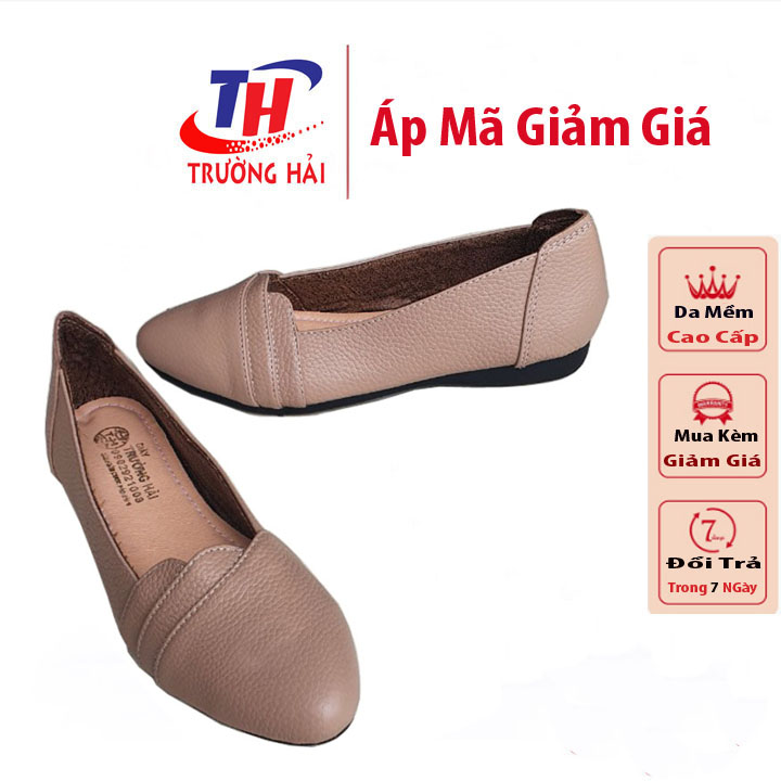 Giày nữ búp bê mũi nhọn da bò thật màu đen Trường Hải đế cao su BB125