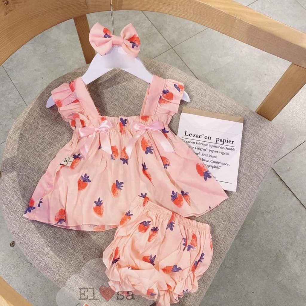 Set bé gái 2 nơ dâu tây hồng cánh tiên Baby kèm Tuban XHN588