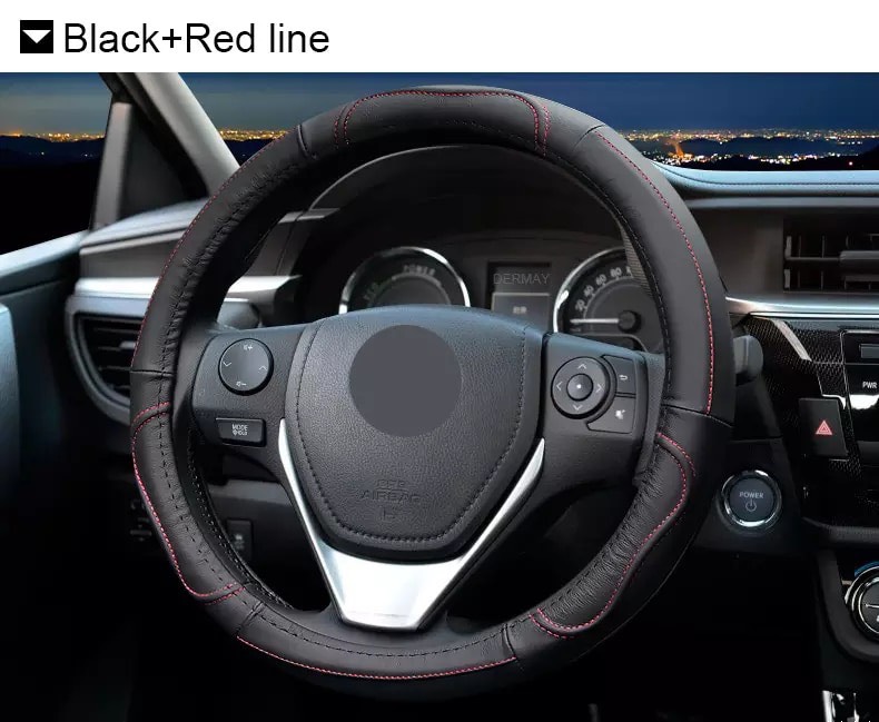 Bọc vô lăng tay lái ô tô xe hơi DA BÒ THẬT cao cấp dành cho xe 4 chỗ 5 chỗ 7 chỗ. Màu đen - Đen chỉ đỏ, Size phù hợp 37-38cm, KL 400gr. Bảo Hành da 2 năm