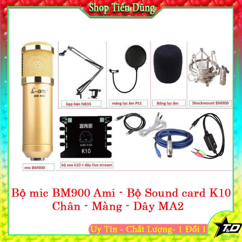 Combo bộ Mic thu âm BM900 Ami Sound Card XOX K10 Chân Đến Màng Lọc Dây Livestream MA2