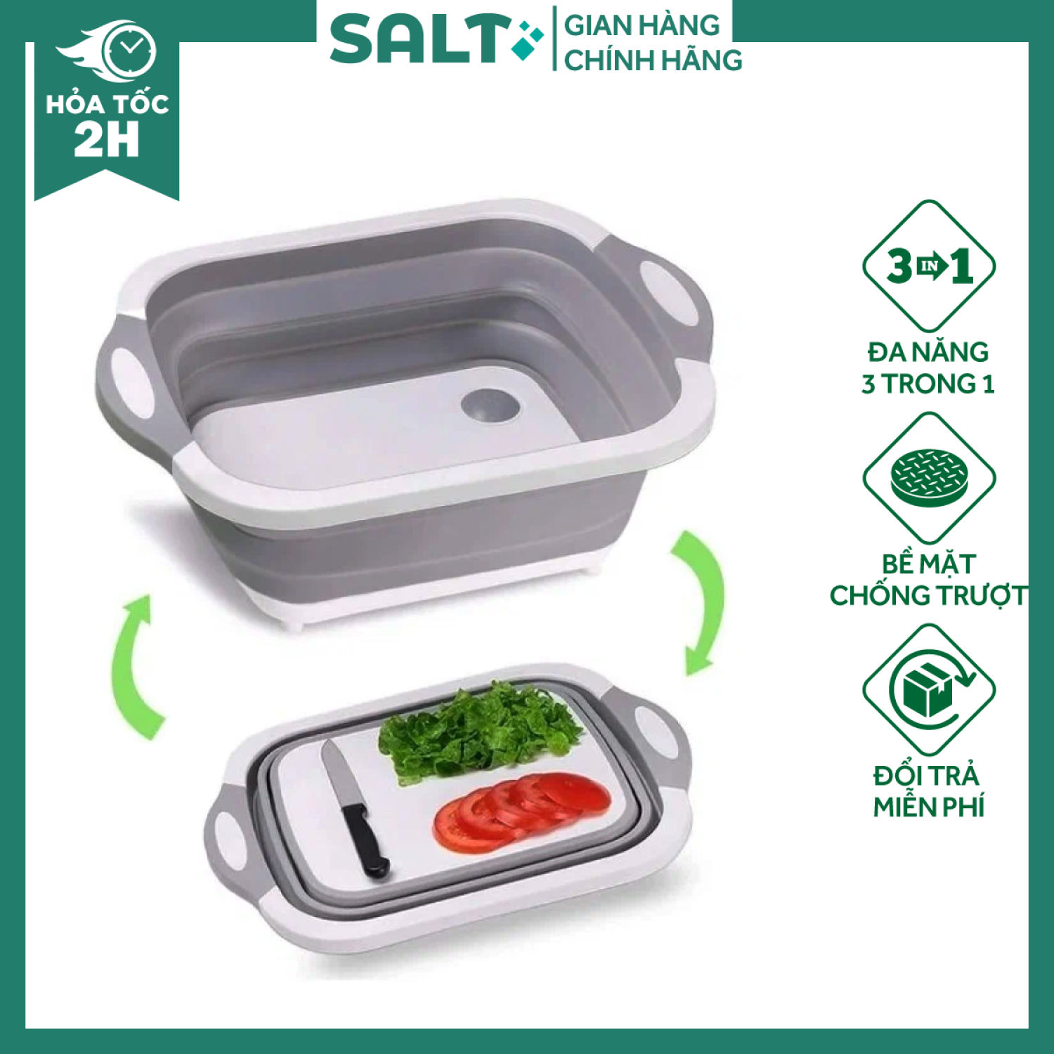[HCM] Chậu gấp gọn kiêm thớt và rổ đựng đa năng loại LỚN 3in1 Đa Năng Tiện Dụng