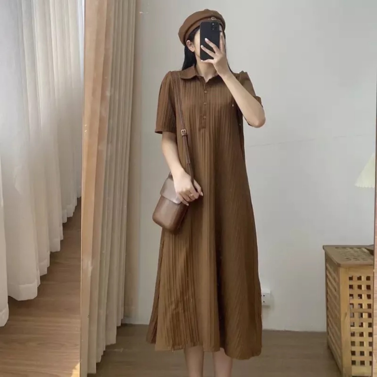 Váy suông cổ polo cộc tay đũi gân dáng xòe, đầm suông cổ sơ mi chất đũi gân mềm mại
