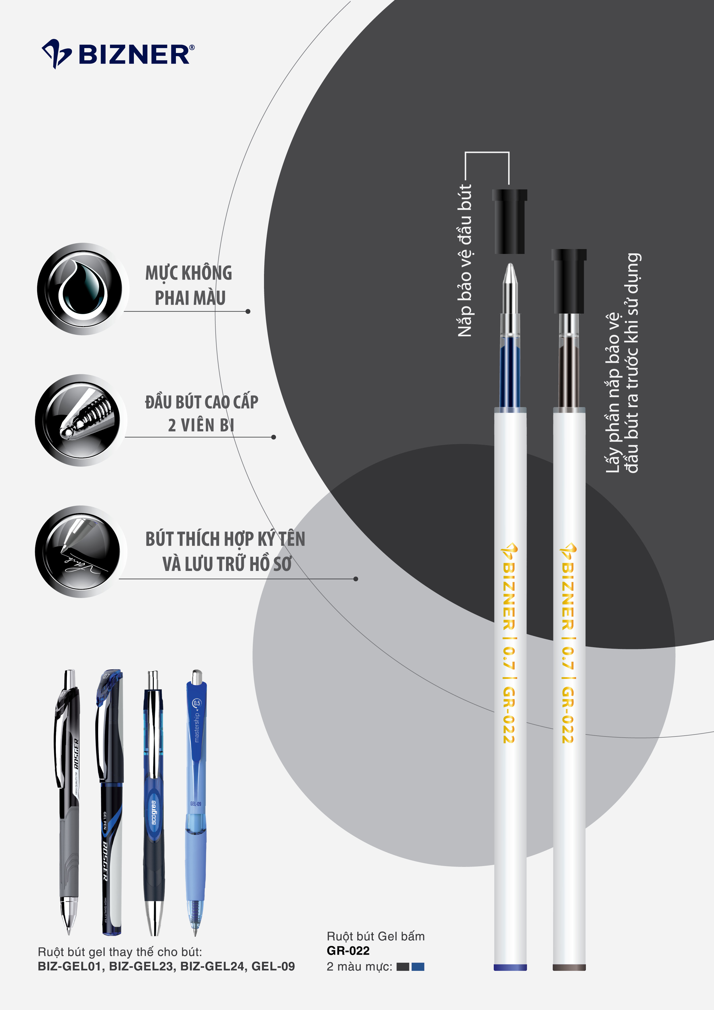 Ruột bút gel bấm Bizner GR-022 - Đầu bút cao cấp 2 viên bi (Dùng cho các loại bút gel bấm Thiên Long) - Vỉ 1 ruột
