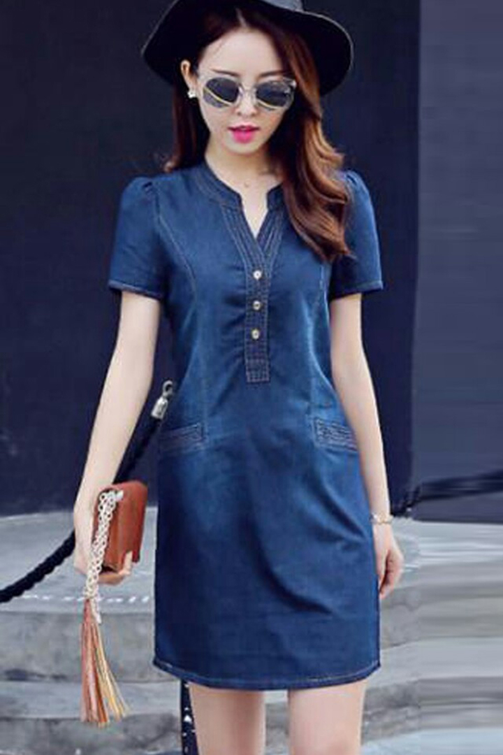 [HCM]Đầm Jean Suông Tay Ngắn Cổ V