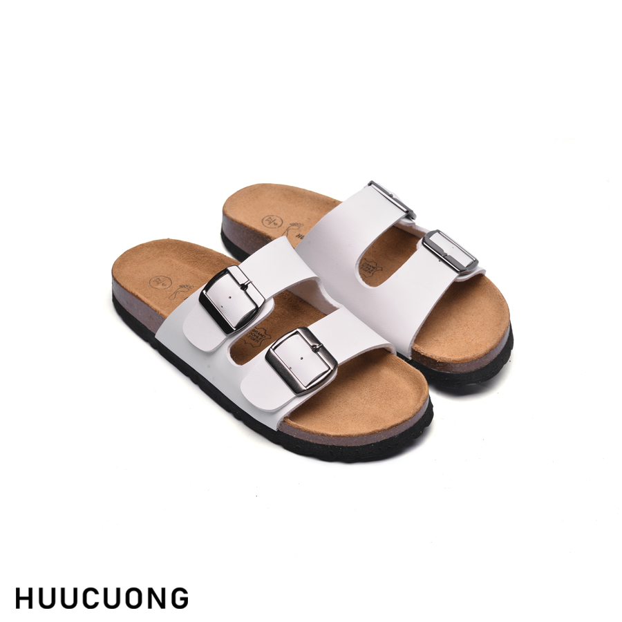 Dép đế trấu nữ 2 khóa da pu trắng