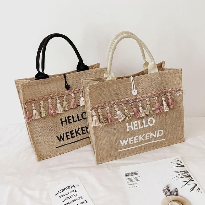 Túi cói hello weekend hàng đẹp dày dặn