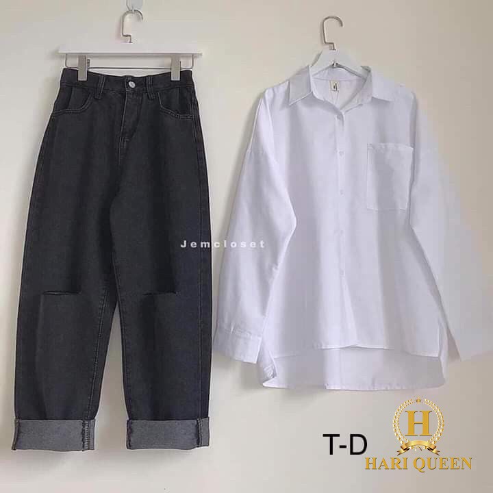 Quần bò ống rộng đen rách 2 gối tdu0320