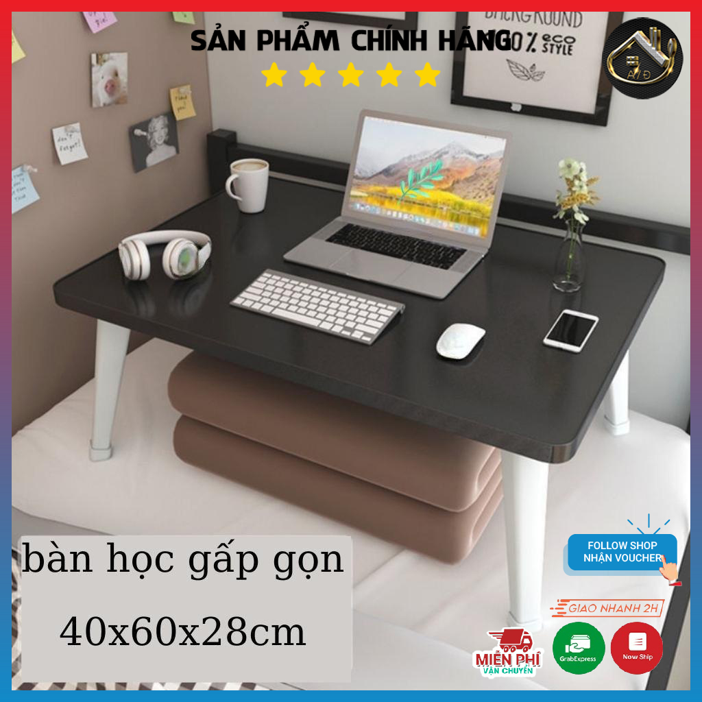 Bàn học gấp gọn mini mặt gỗ chân nhựa thông minh ngồi bệt để giường laptop xếp gọn kích thước 40x60x28cm