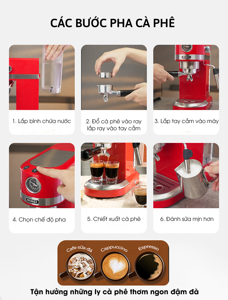 Máy pha cà phê Espresso, Capuchino, Latte Winci EM3012, bảo hành 24 tháng