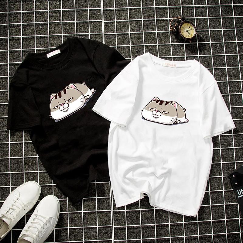 [Hoàn Tiền 15%] Áo thun unisex form rộng in hình mèo bụng bự chibi vải dày mịn TEE1102