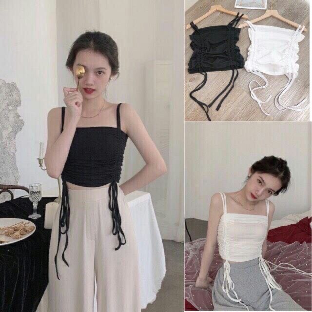 (ảnh thật) Áo 2 dây Croptop Dây Rút Sườn Siêu Chất