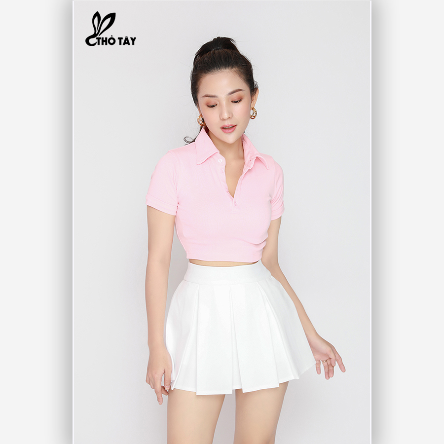 Áo Thun Nữ Cổ Bẻ Form Croptop - THỎ TÂY A220B645