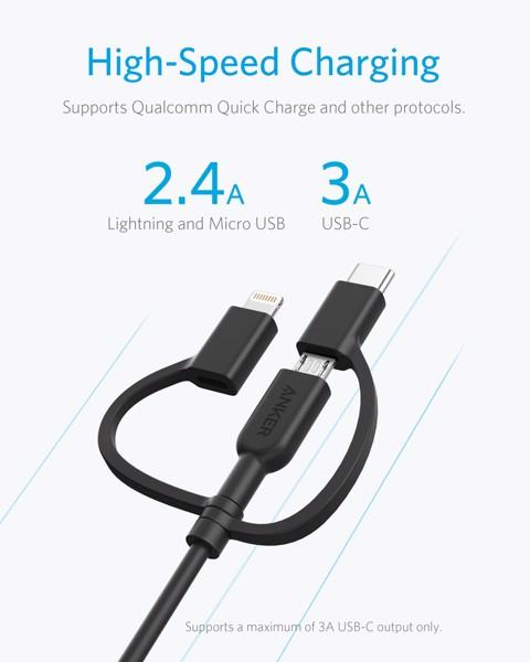 Cáp 3 in 1 ANKER Powerline II 0.9M - A8436 (Lightning - Type C - Micro USB)