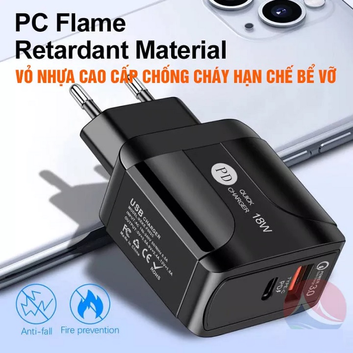 Củ sạc nhanh Usb Qc3.0 cho iphone và các máy androi hỗ trợ 2 cổng USB và Type C