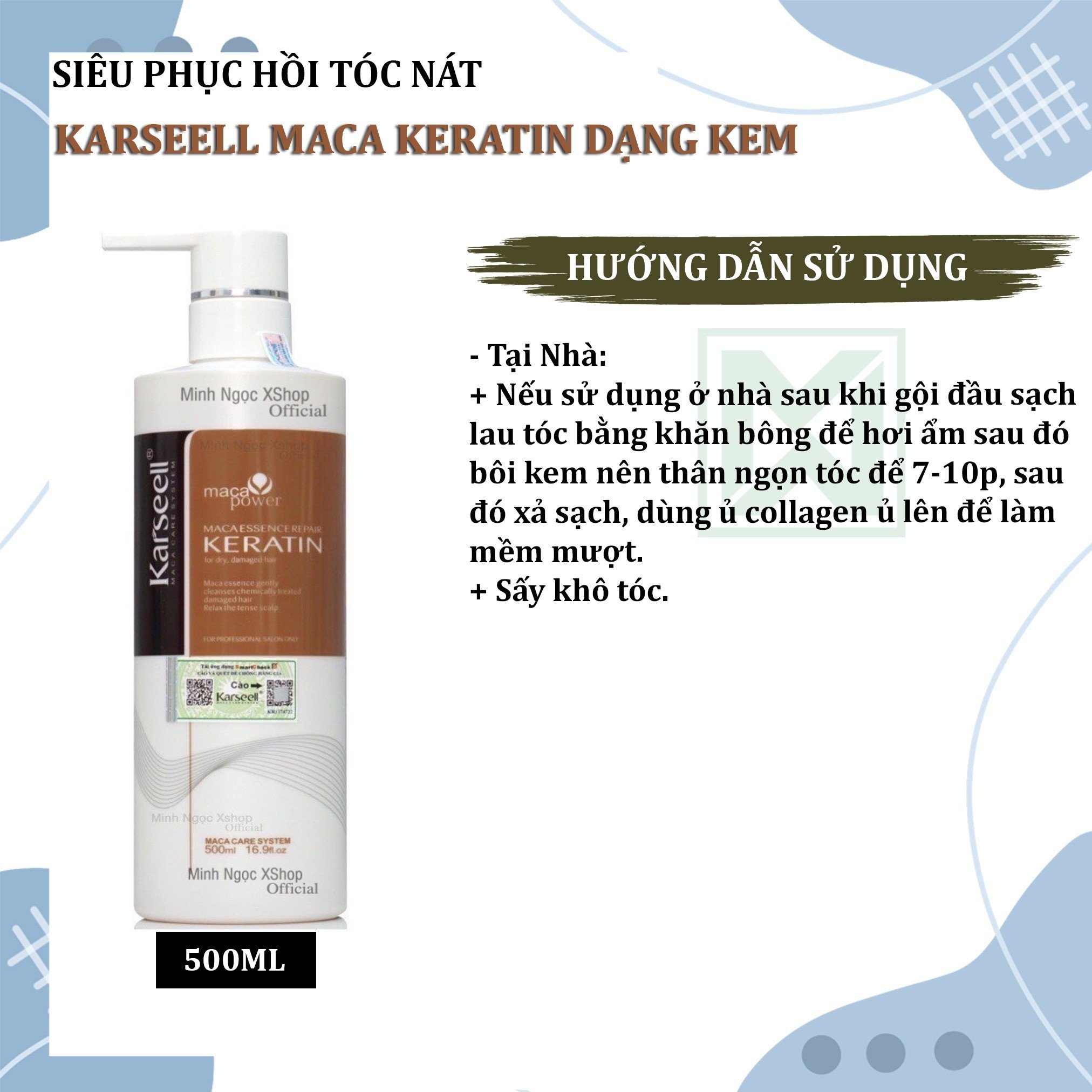 Phục hồi tóc nát Keratin Karseell Maca dạng kem 500ML