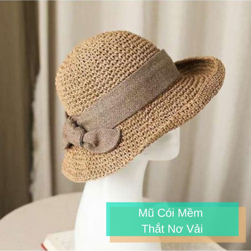 Mũ cói mềm phối nơ vải