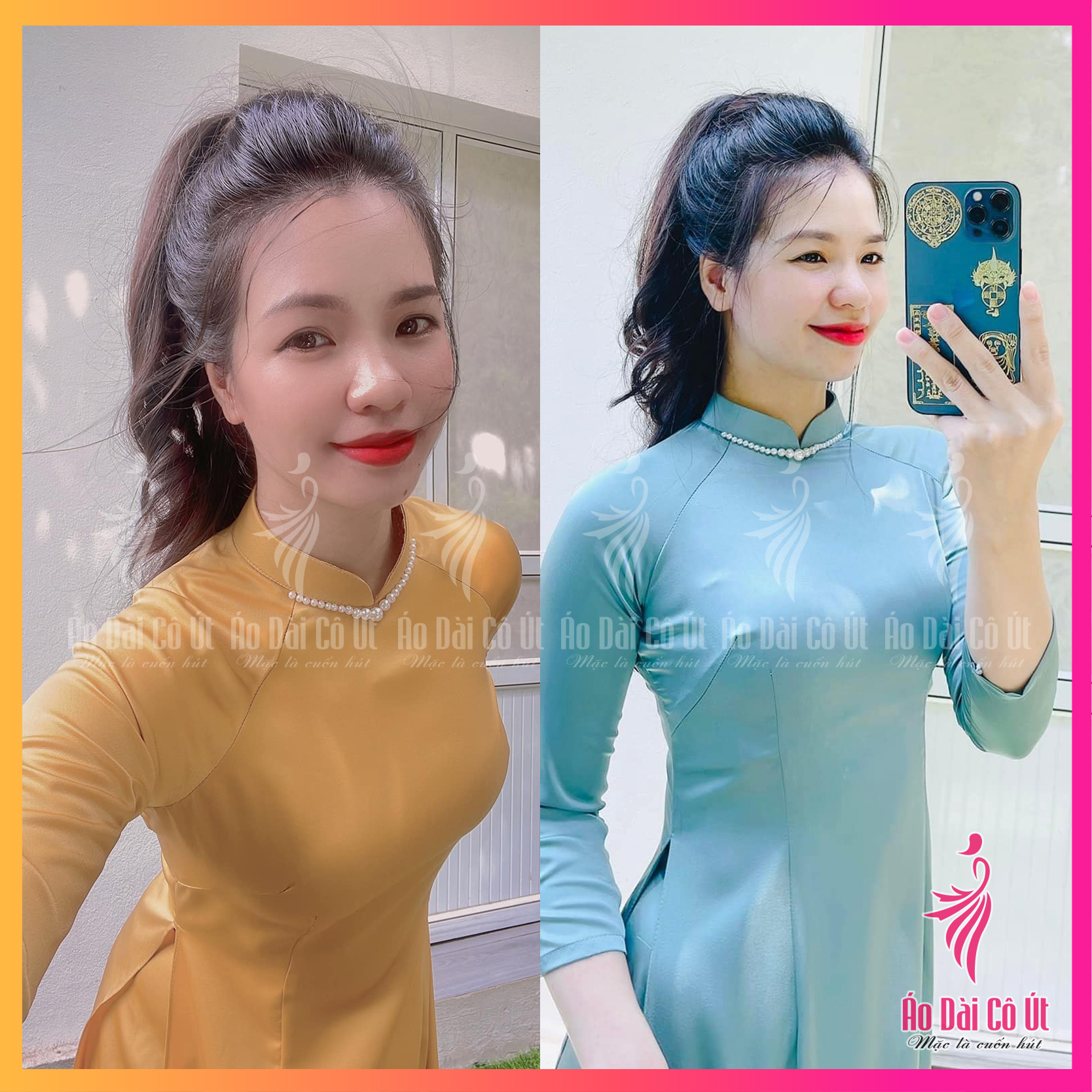Áo dài truyền thống vải lụa tây thi cổ đính ngọc