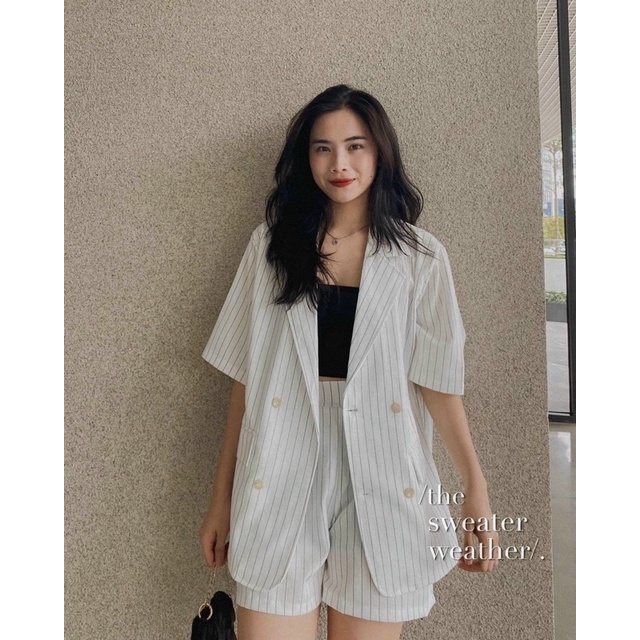 Set blazer kẻ trắng đen/ set vest sọc/ đồ công sở