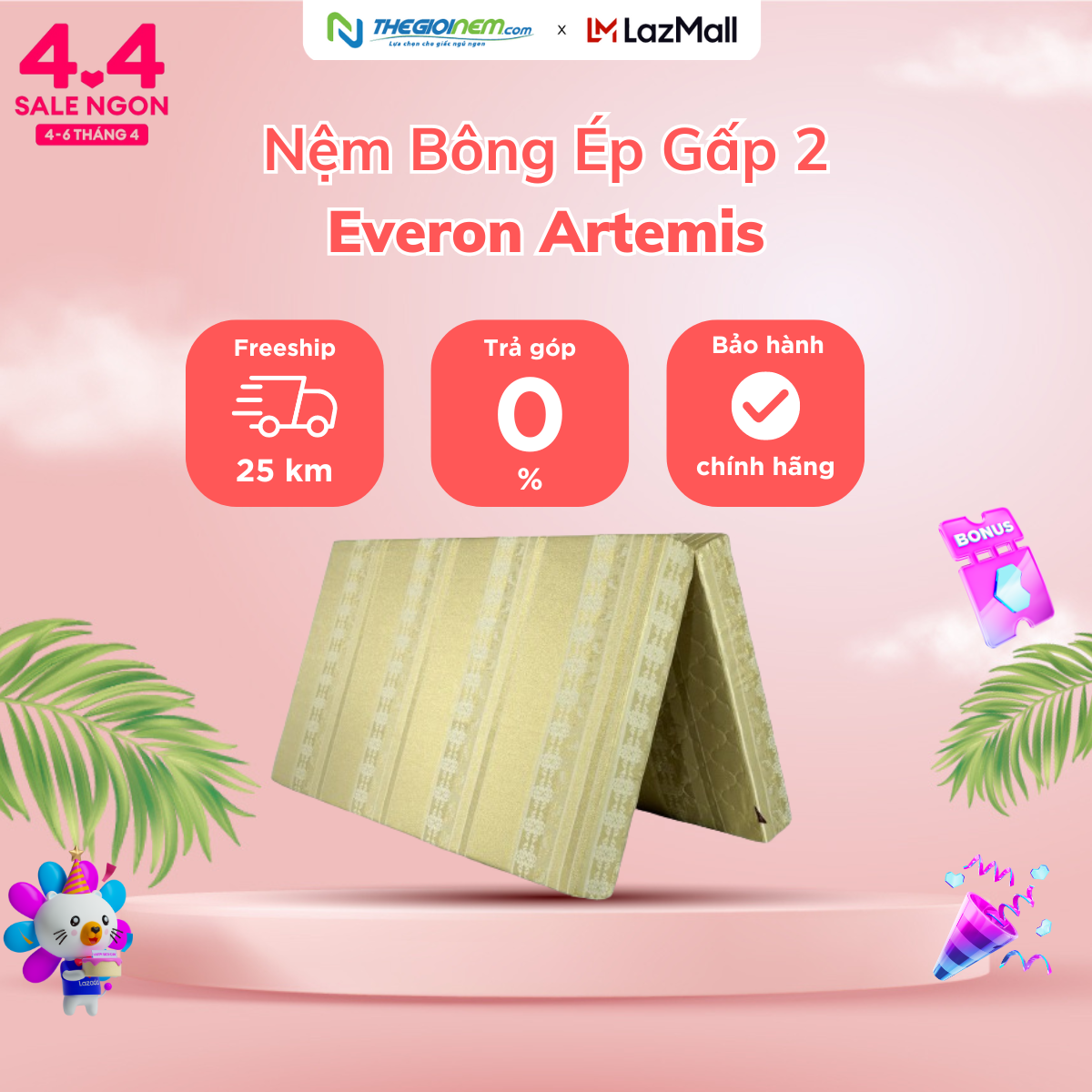 [Trả góp 0%] Nệm Bông Ép Everon Artemis- Gấp 2-Bảo hành 5 năm.