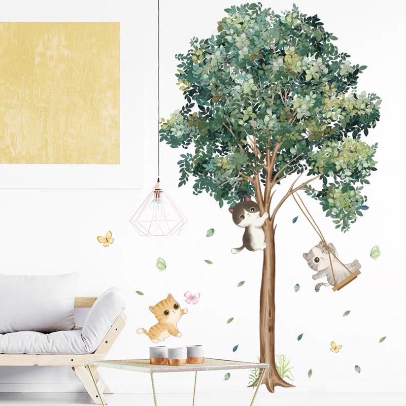Decal dán tường mèo chơi xích đu