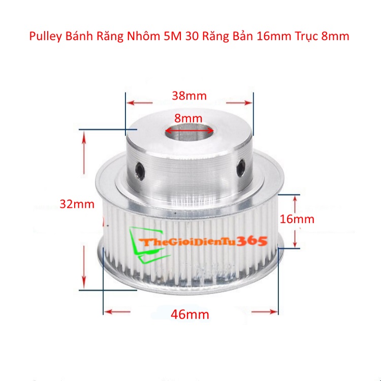 Pulley bánh răng nhôm 5m 30 răng bản đai 16mm trục 8mm