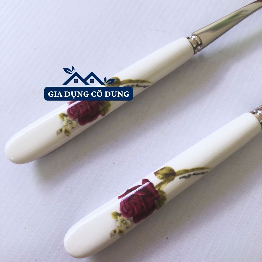 Muỗng/Thìa inox cán sứ in hoa văn