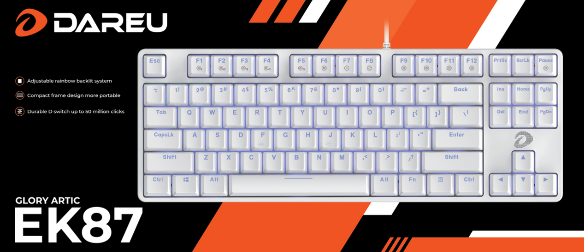 Bàn phím cơ Gaming DAREU EK87 WHITE (ICE-BLUE LED, Blue/ Brown/ Red D switch)