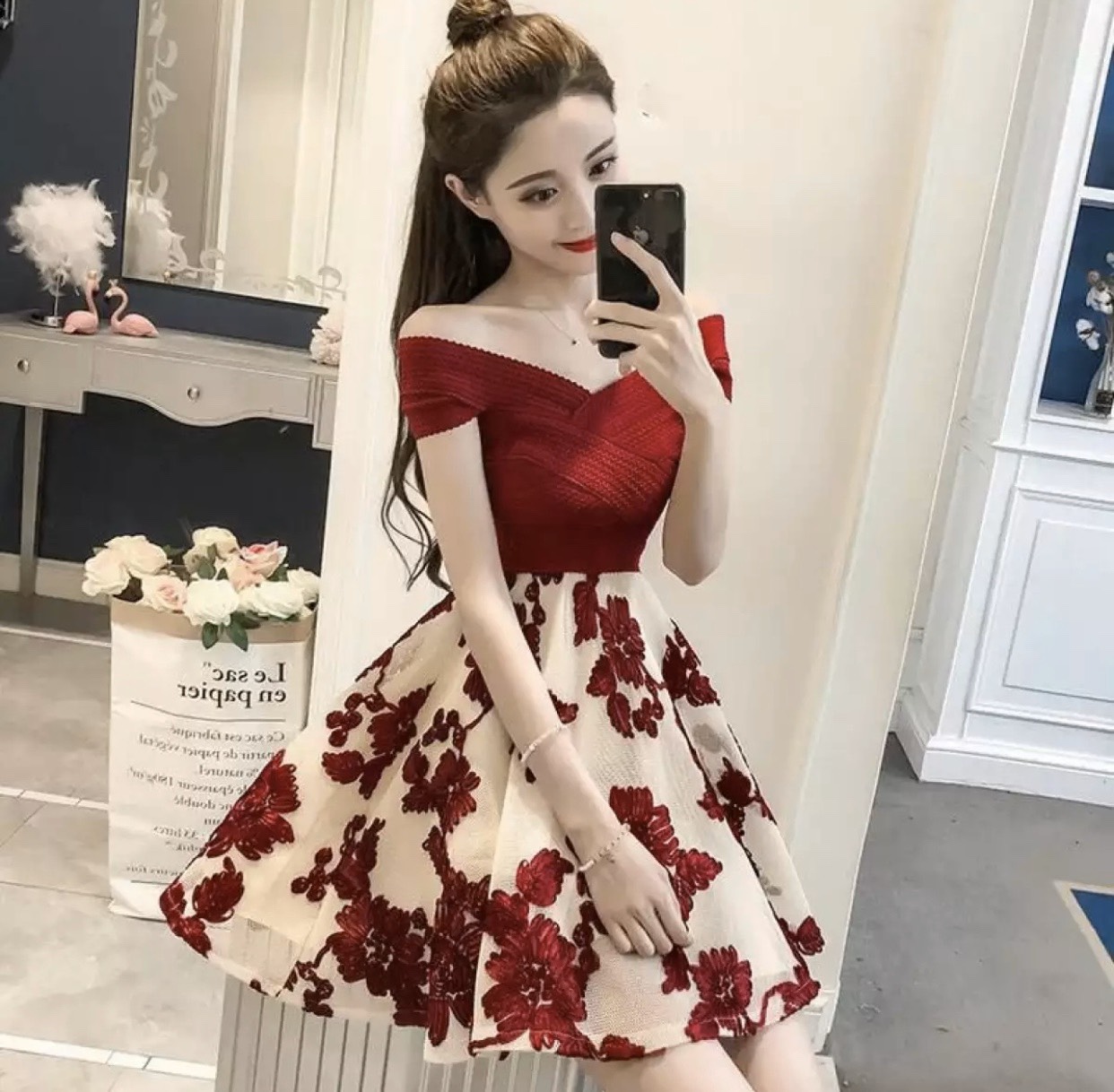 [HCM]ĐẦM XÒE TRỄ VAI THIẾT KẾ HỞ LƯNG - V49