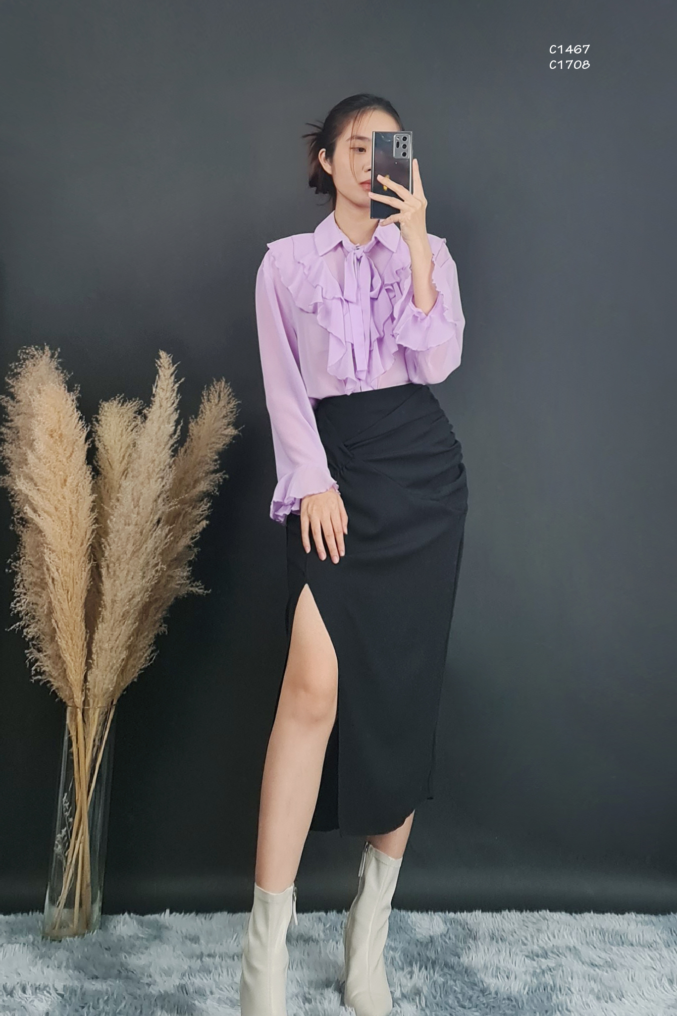 C1467 & c1466 - áo sơ mi voan z4ra tay dài loe, nơ cổ, phối bèo