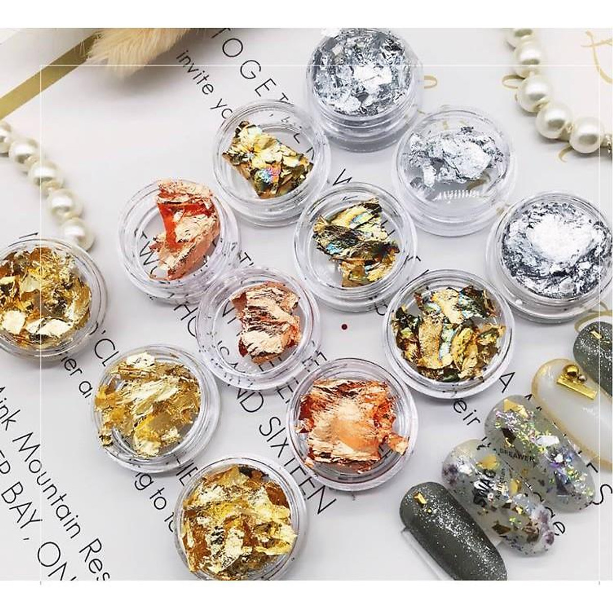 Set giấy nhún vàng bạc trang trí móng 12 hũ