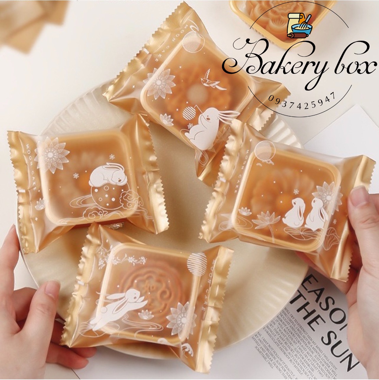 Set 100 | khay vàng kèm túi thỏ nâu đựng bánh trung thu 75gr