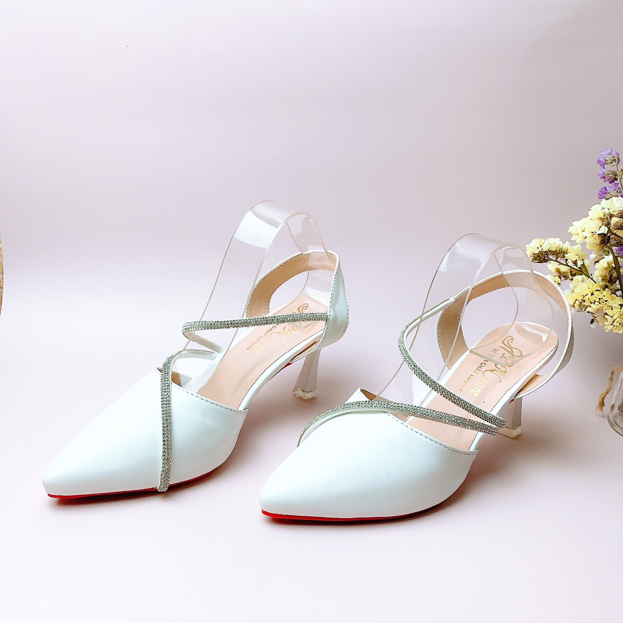 Giày cao gót nhọn 7p bít mũi da mềm dây xoàn chéo hở gót - BM29 ẢNH THẬT