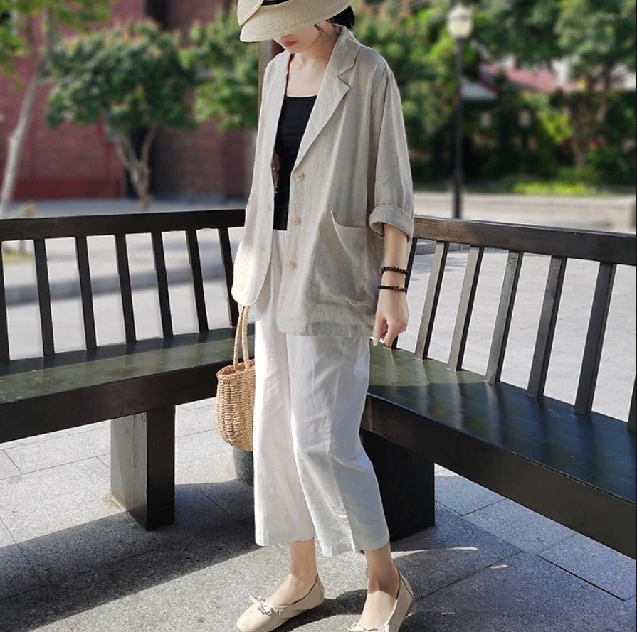 Set áo blazer kèm quần suông rộng Hàn Quốc phong cách công sở Đũi Việt