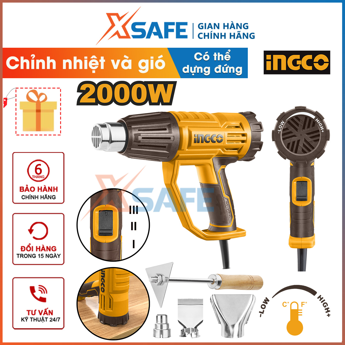 Ingco hg200047 heat pump | 2000W heat blower, temperature 380 °c/570 °c, including 1 scraper/scraper and 4 opening of solder remover, adhesive, remove away plaque