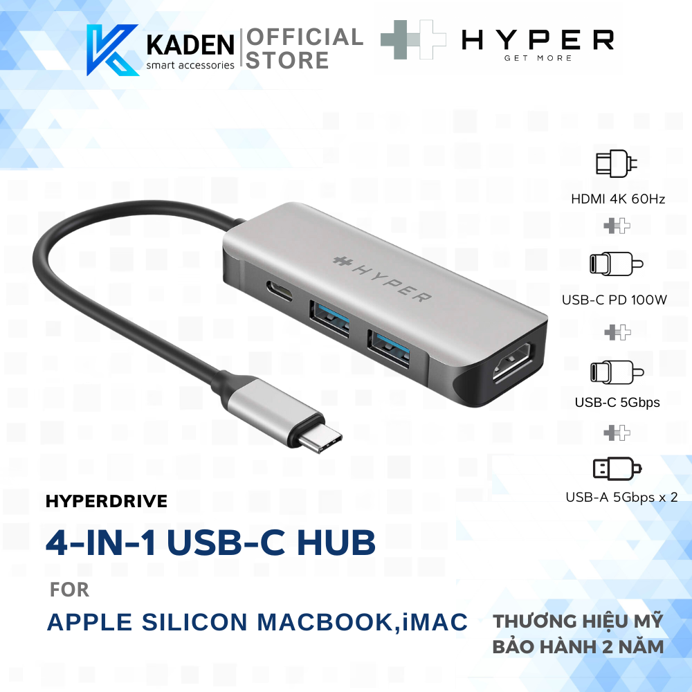 Cổng chuyển hyperdrive hdmi 4k60hz 4-in-1 usb-c hub-hd41-hàng chính hãng