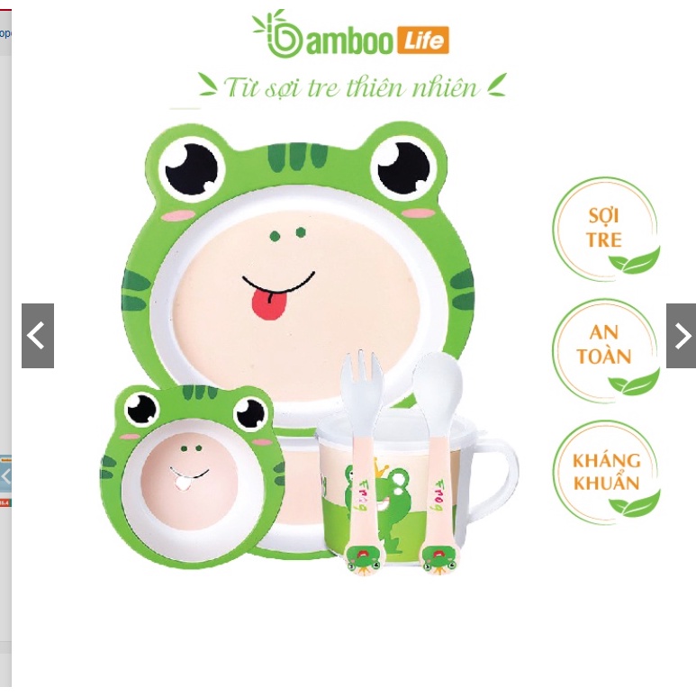 Khay ăn dặm ếch xanh cho bé sợi tre Bamboo Life BL040 gồm 5 chi tiết gồm thìa, dĩa, khay, bát, cốc dành cho trẻ em