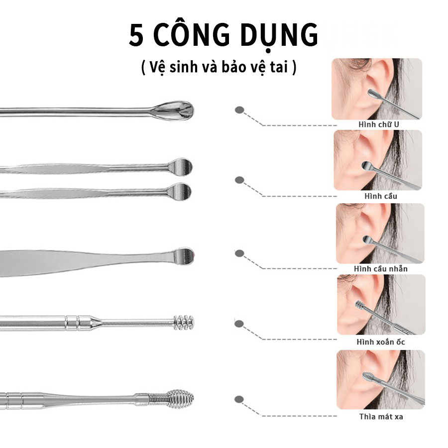 Bộ 6 món ngoáy tai cao cấp hộp móc khóa INOX tiện dụng mang theo người