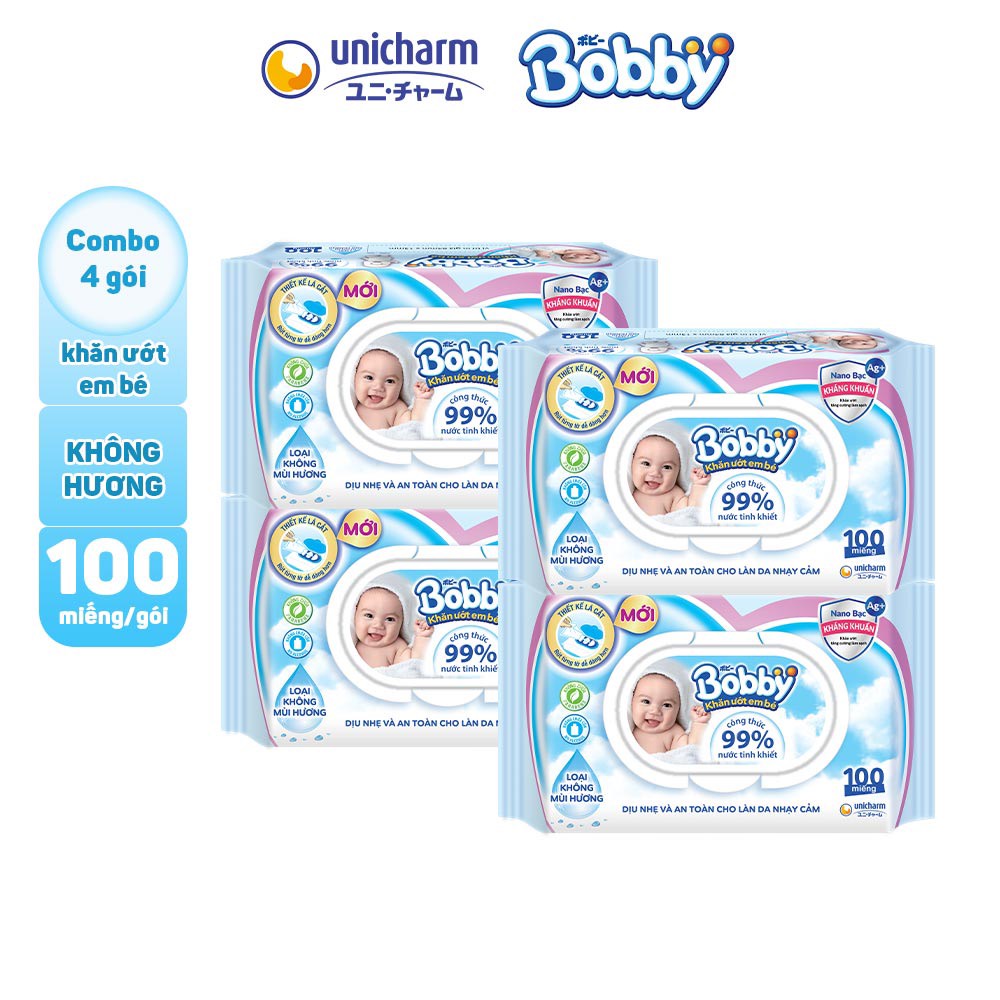 [HÀNG CÔNG TY] Bộ 4 gói Khăn ướt Bobby Care 100 tờ/gói