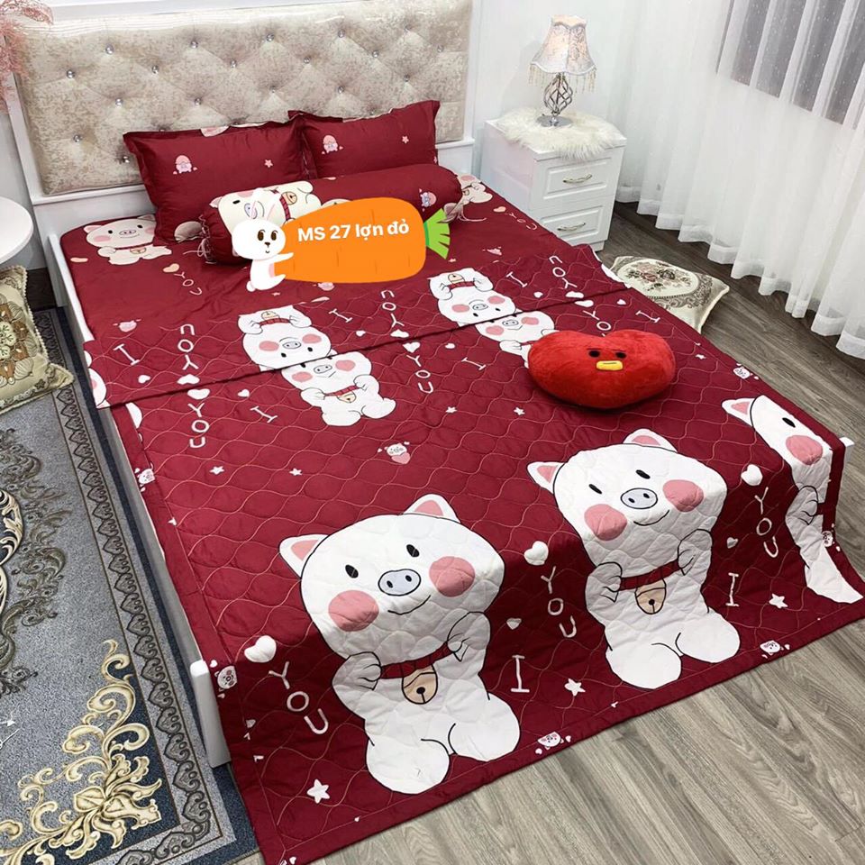 Chăn hè thu trần bông 1m8x2m,vải cotton poly,mền trần bông mẫu heo đỏ