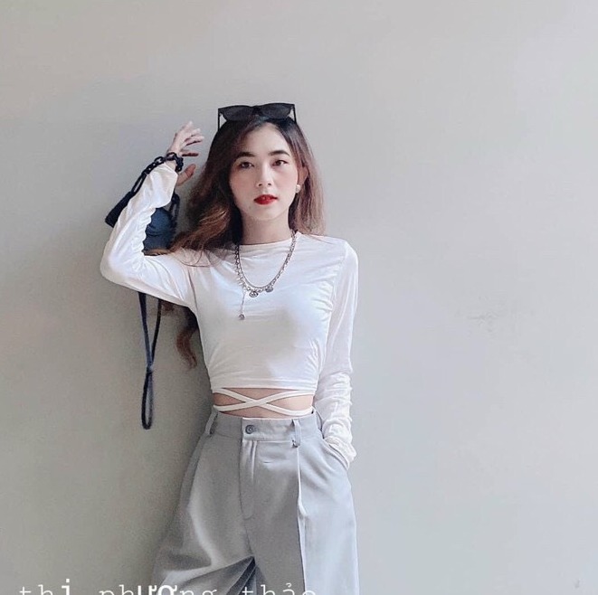 Áo kiểu croptop tay dài cột dây eo cực xinh , chất thun lụa mềm mịn mát