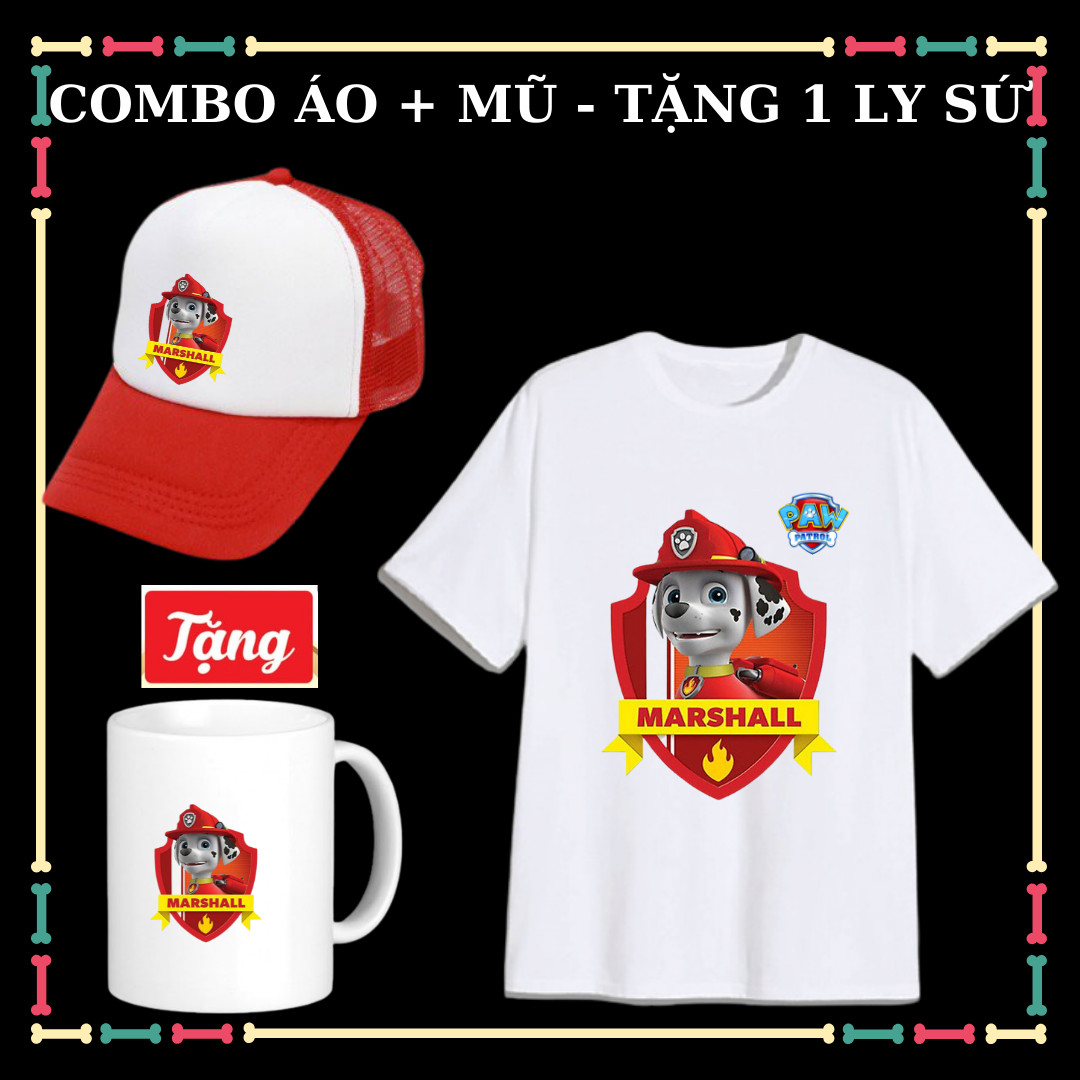 Combo áo mũ nón mẫu áo đội chó cứu hộ Paw Patrol tay ngắn vải co giãn 4 chiều cho trẻ em - Tặng ly sứ Paw Patrol đội chó cứu hộ