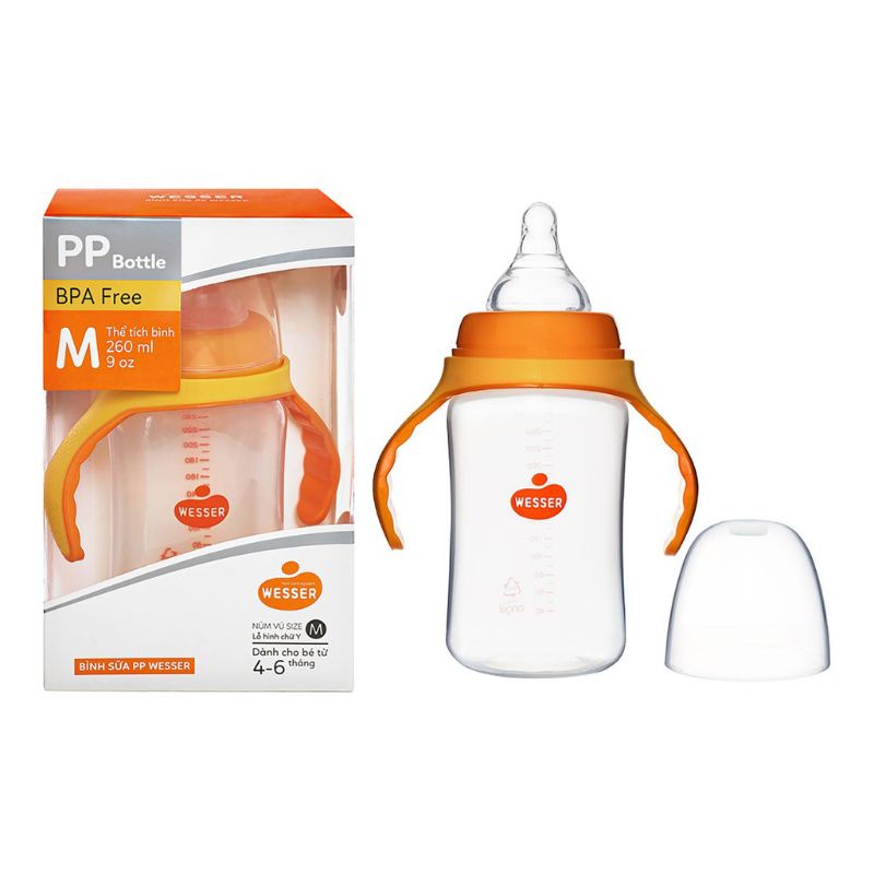 Bình sữa wesser pp cổ rộng có tay cầm thể tích 180ml/ 260ml