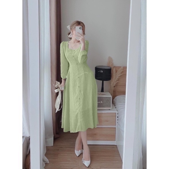 <SALE 9.9> [ SALE ĐẦM CAO CẤP ]ĐẦM MIDI TAY DÀI PHỐI NÚT CỔ VUÔNG SIÊU HOT