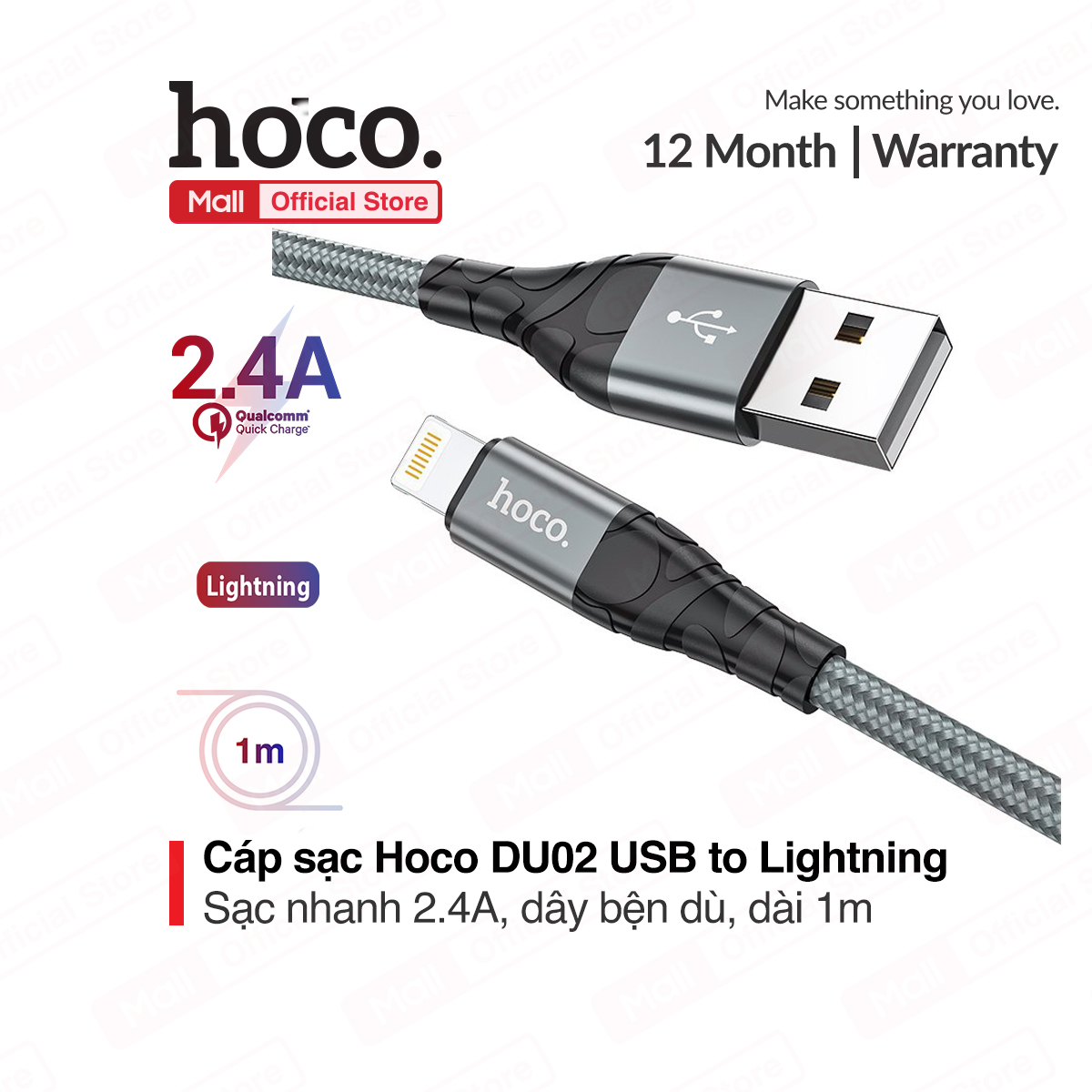 Cáp sạc Hoco DU02 Lightning iPhone sạc nhanh 3.0A dây bền dù chống đứt dài 100cm/200cm