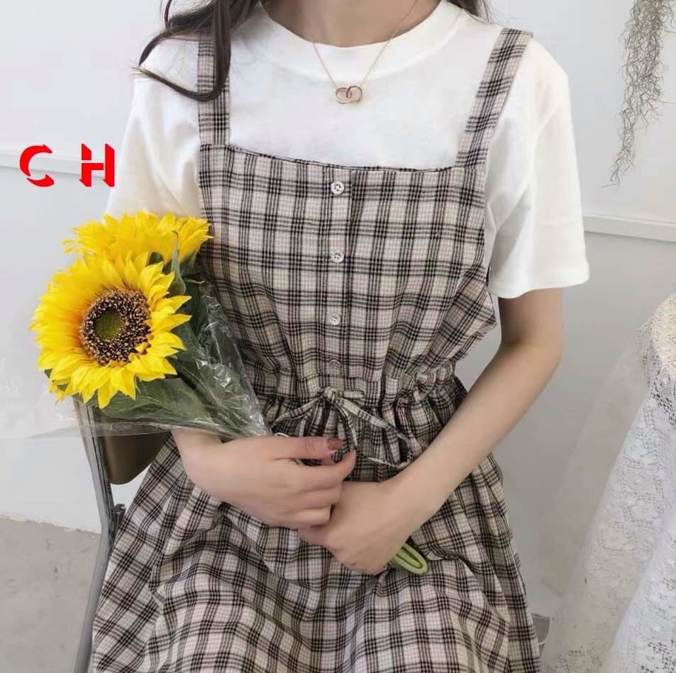 (rẻ vô địch) Sét váy yếm kẻ caro chun eo và áo siêu xinh