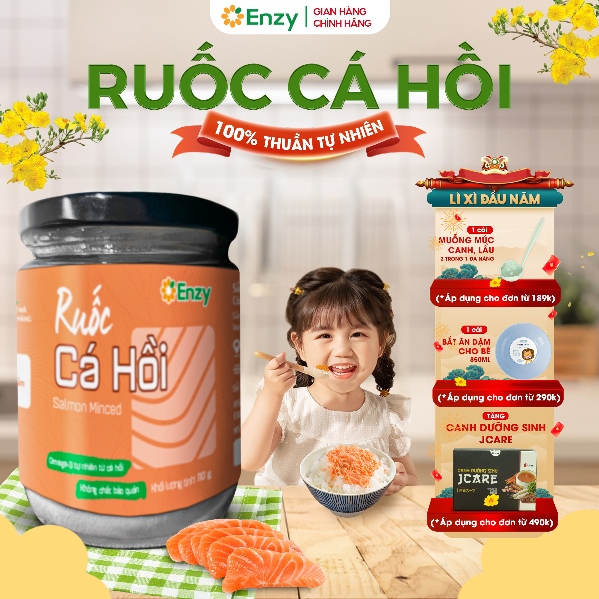 Ruốc cá hồi cho bé ăn dặm enzy, lọ 64gr