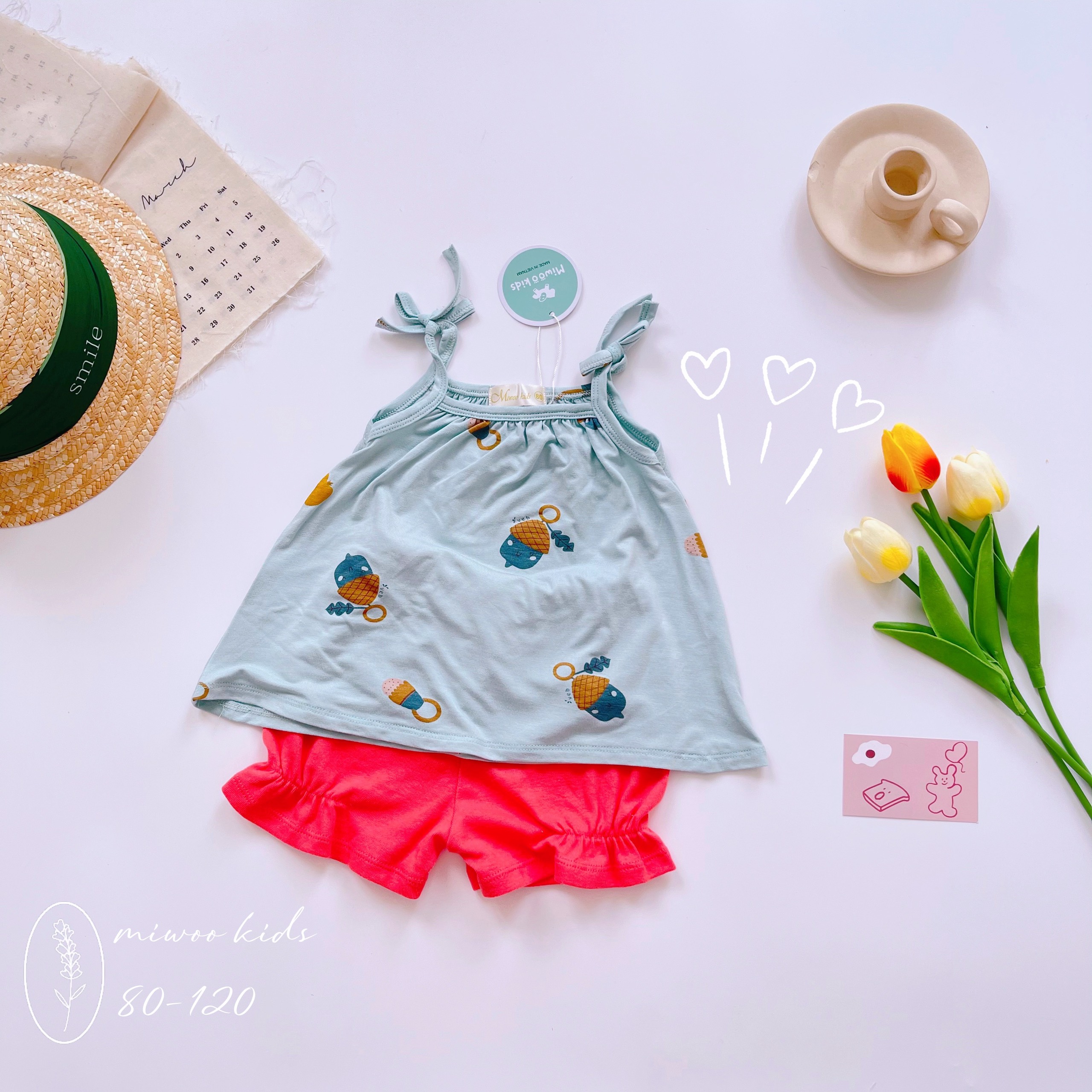 Đồ bộ 2 dây mặc nhà cho bé gái chất thun bozip mềm mịn