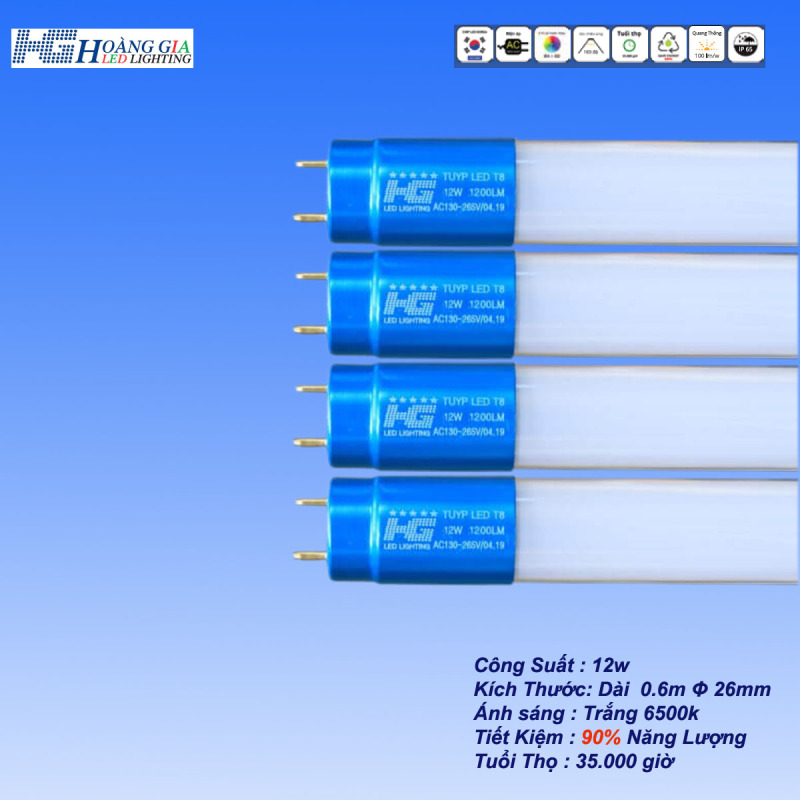 Combo 4 Bóng Đèn Led Tuýp 12W Dài 0.6m Thủy Tinh Đầu Nhôm