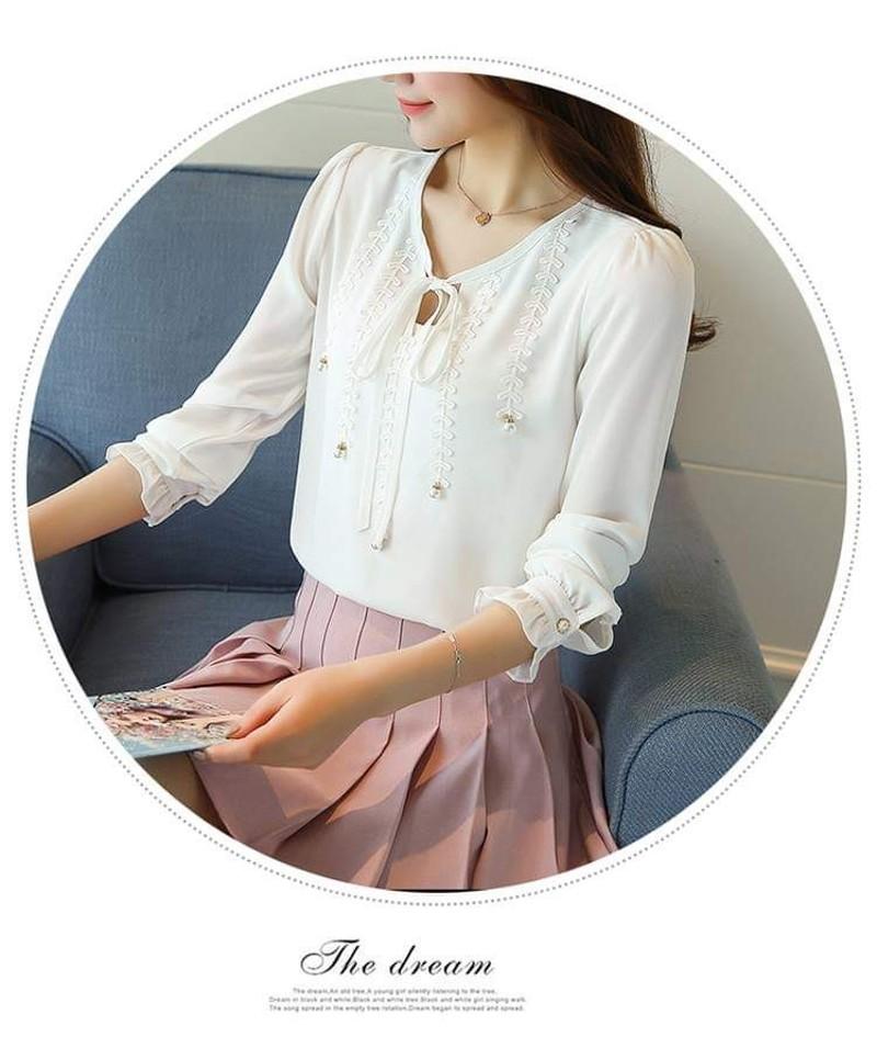 Áo Kiểu Tay Nhúng Phối Nơ T-SM0KN5 (Trắng)