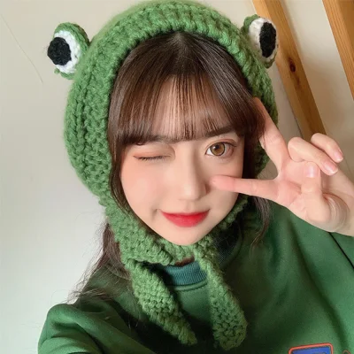 WEN Autumn Women Cute Knitted Big Eye Frog Cartoon Frog Hat Knitted Caps Beanie Hats Ear Protective